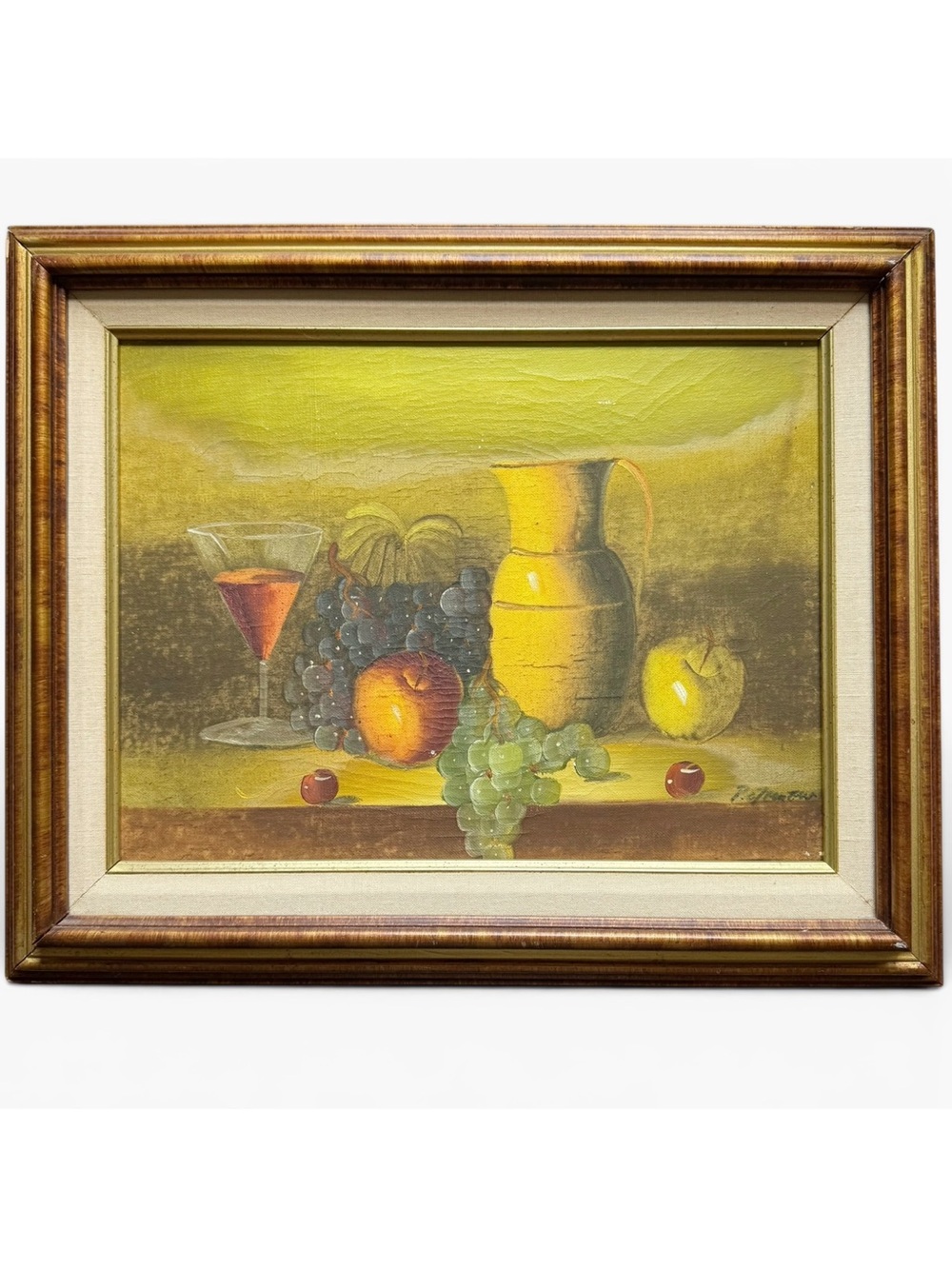 Vintage Original Still Life Fruit on Table Pitcher of Wine Painting Framed 12x16